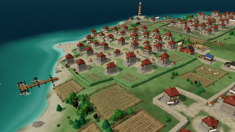 A hamlet on the western coast: rows of houses inside a low wall, fields and a jetty on the beach.