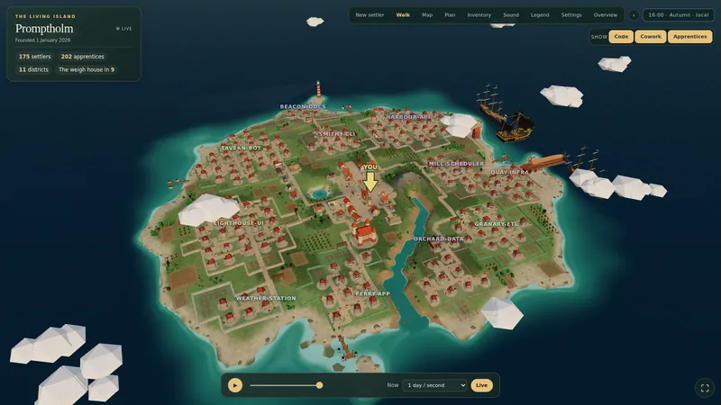 The Promptholm window with its interface: the island's title card with settler counts, hamlet names over the land, a menu bar and a timeline to replay the island's history.