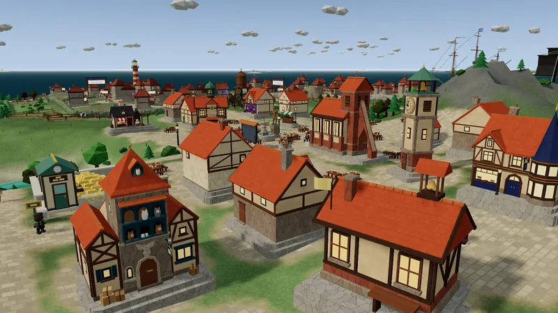The town square close up: timber-framed shops, a clock tower, lamp posts and settlers walking the cobbles.