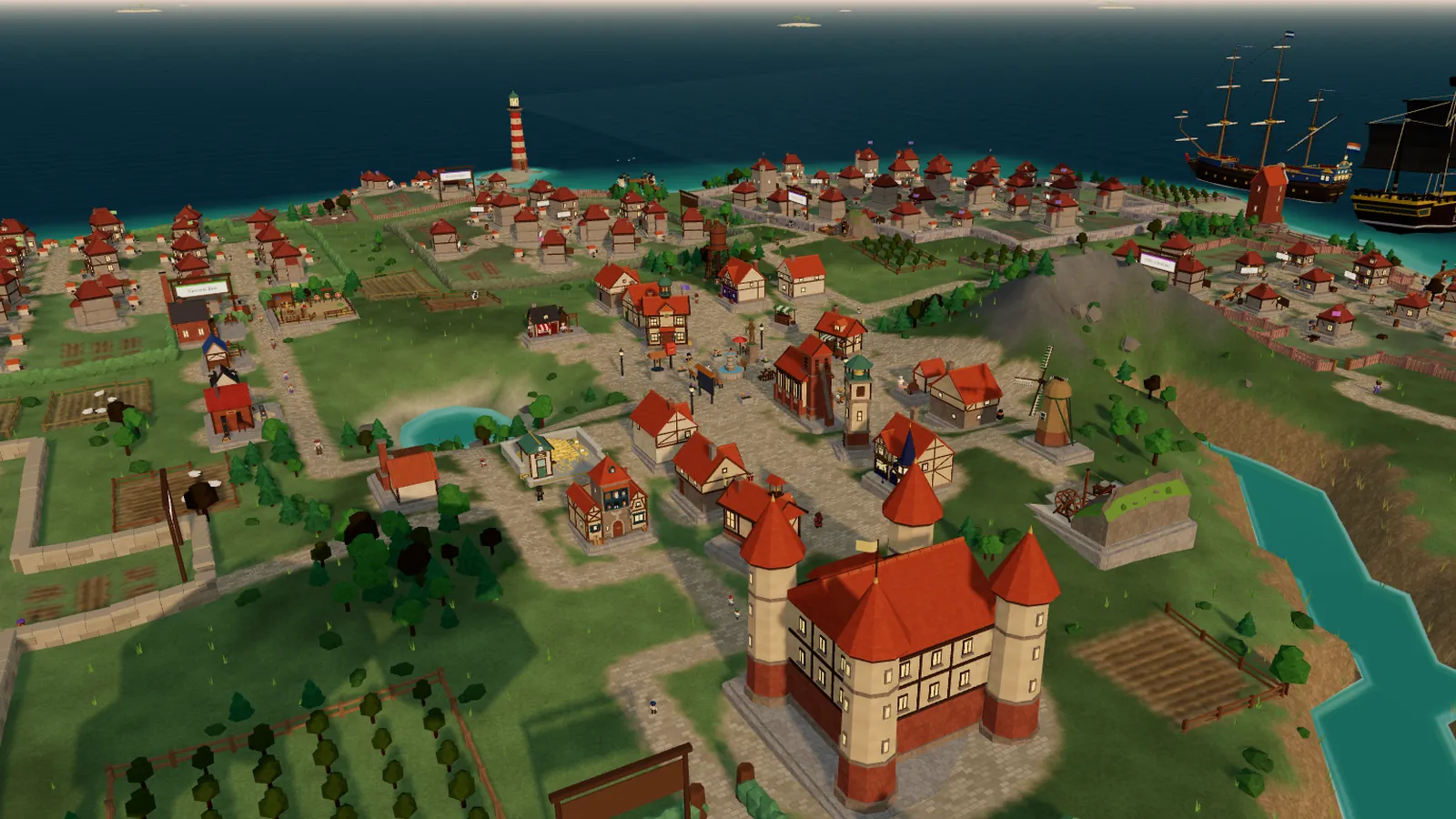 An aerial view of a Promptholm town in the afternoon: a red-roofed castle in front, the market square behind it, hamlets of houses stretching to the coast, a lighthouse and two tall ships at anchor.
