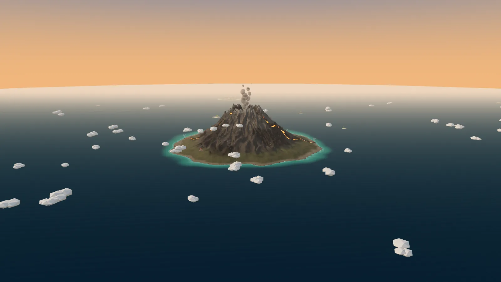 The volcano island rising from a dark blue sea, glowing lava running down its ravines and a plume of smoke above the crater, under an apricot evening sky.